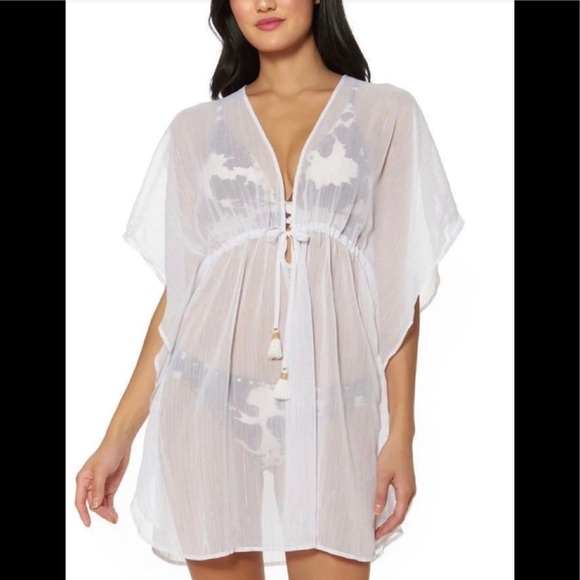 Jessica Simpson Metallic Trim Caftan Cover Up - New Women |White | Size: XL - Picture 2 of 9